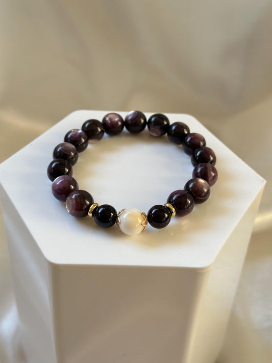 Gem Lepidolite (Stabilized) & Tridacna Shell Focal Bead Bracelet | Natural Purple Gemstone Beads | Handmade Crystal Jewelry for Collectors