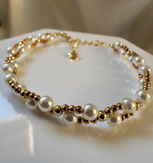 Braided Gold Tone Metal Bead Necklace | Imitation Pearl Accents | 14k Gold Plated Chain | Handmade Fashion Jewelry Design | Gift