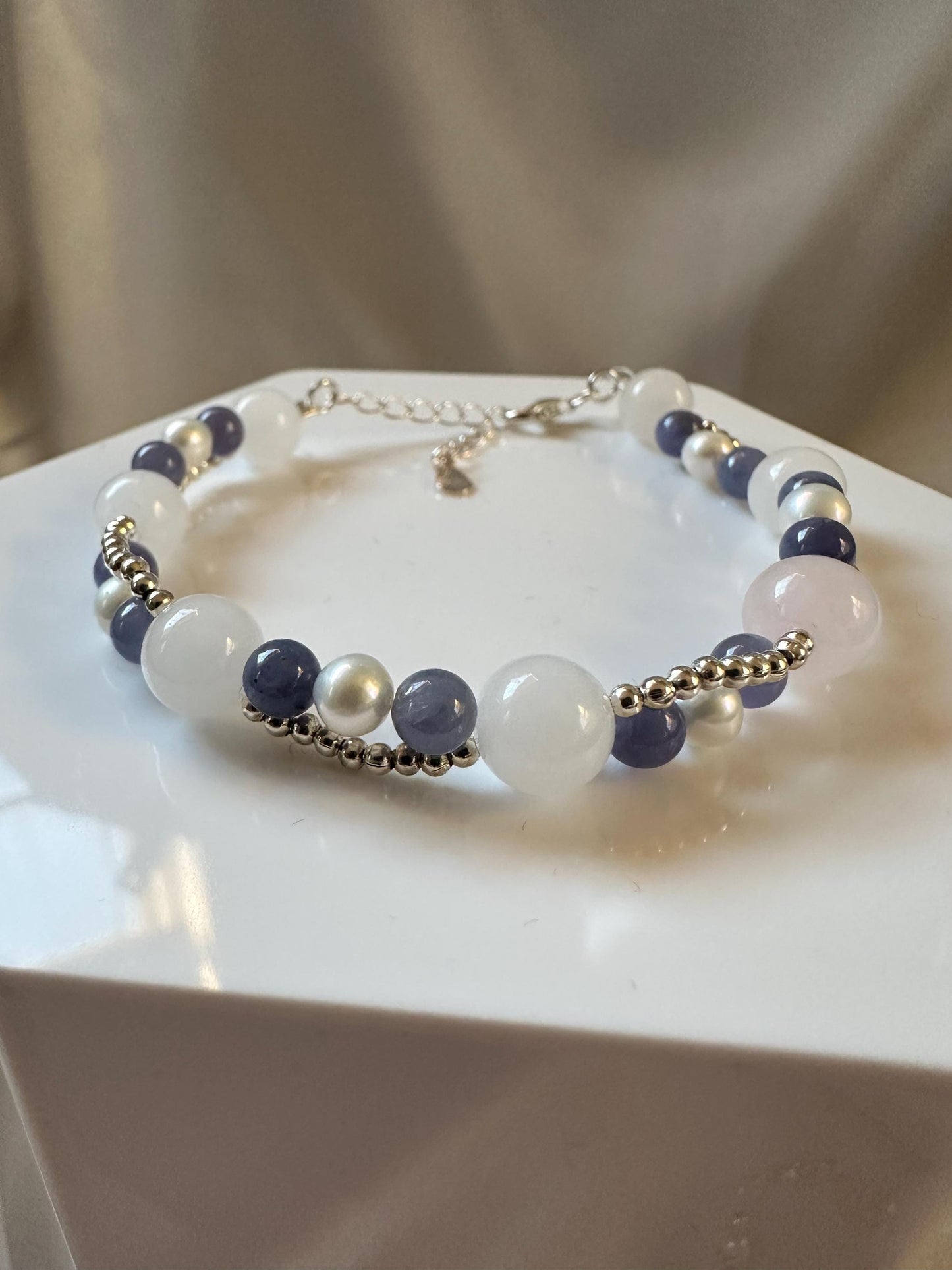 Tanzanite, White Agate & Pearl Braided Bracelet | Natural Gemstone Beads | Handmade Braided Jewelry with Mixed Stone Accents