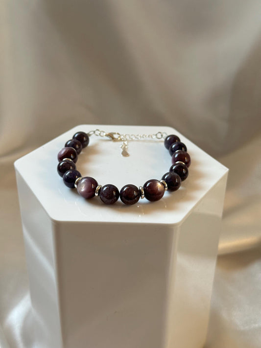Gem Lepidolite (Stabilized) & Bloodshot Iolite Bracelet | Silver Plated Spacers | Natural Purple Blue Gemstone Beaded Jewelry | Handmade