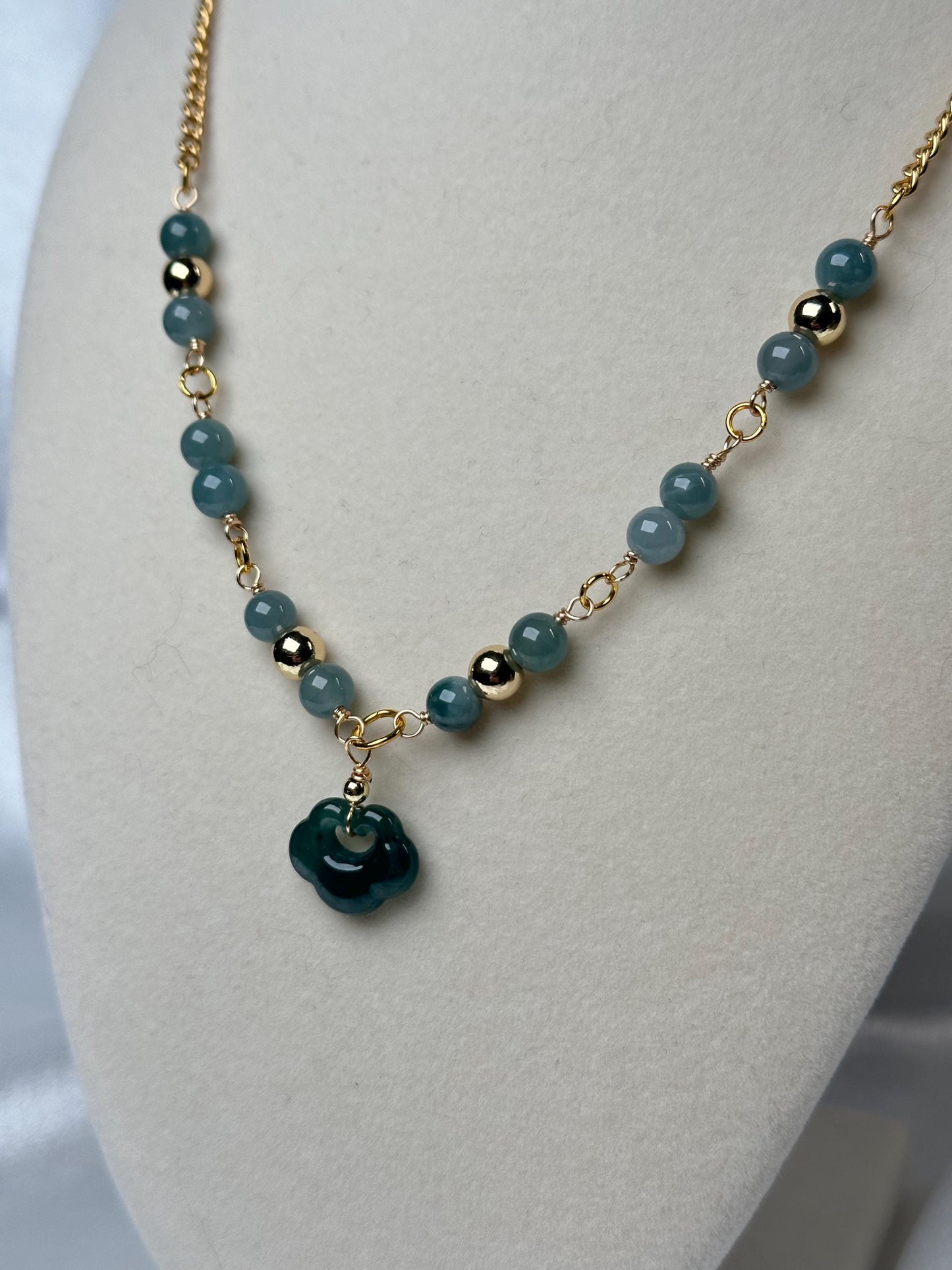 Blue Water Jade Ruyi Pendant Necklace | Blue Water Jade Beads | 14k Gold Plated Spacer Beads | Handmade Gemstone Necklace Jewelry