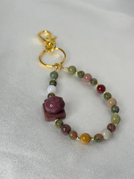 Alashan Agate Bear Fidget Spinner Keychain | Natural Agate Beads with Spinning Charm | Handmade Gemstone Keyring Accessory