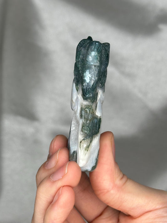Moss Agate Unicorn Carving | Natural Green Moss Agate Stone Sculpture | Polished Unicorn Crystal Figurine for Collectors & Display