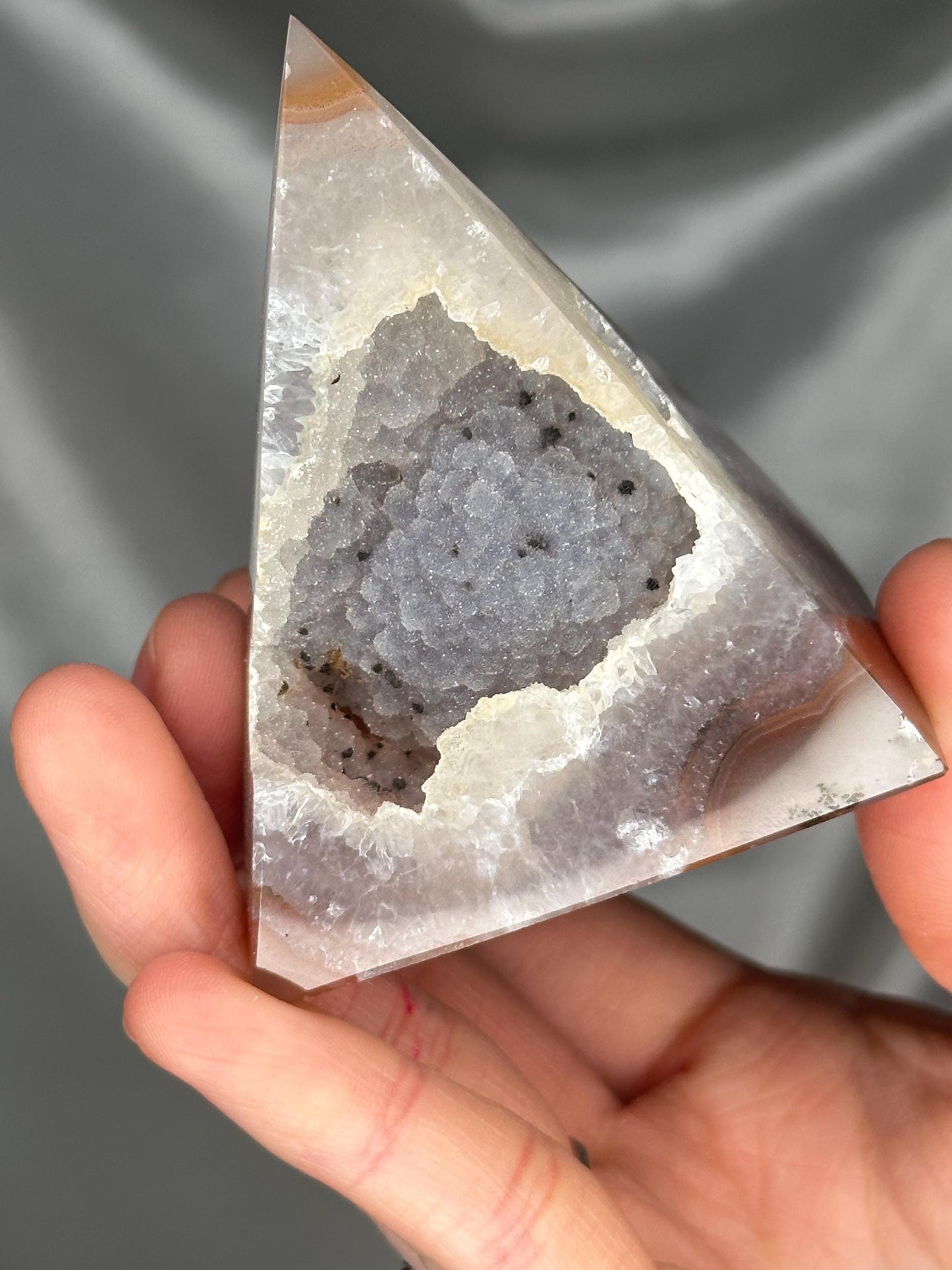 Druzy Agate Pyramid with Sugar Druzy Pocket | Natural Agate Crystal Pyramid | Sparkling Druze Mineral Specimen for Collectors & Display
