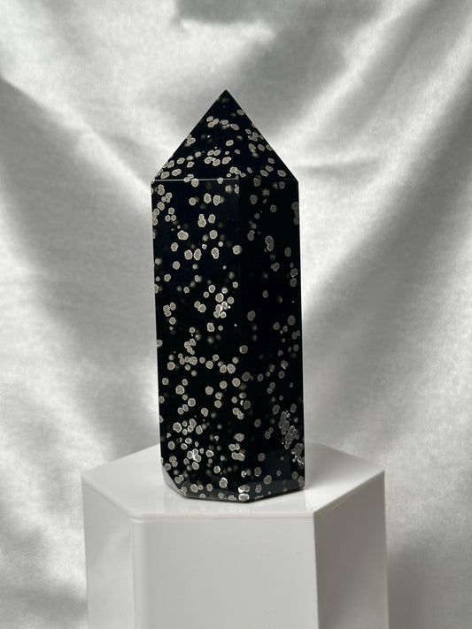 Stardust Obsidian Tower | Natural Black Obsidian with Volcanic Dust Inclusions | Polished Standing Volcanic Glass Mineral Specimen Display