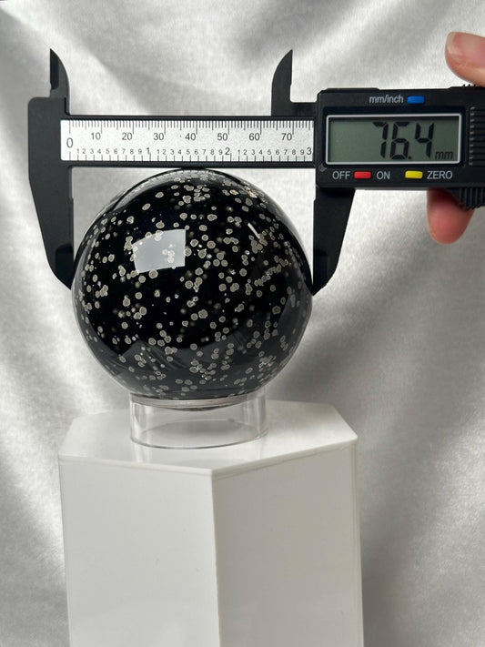 Stardust Obsidian Sphere | Natural Black Obsidian with Volcanic Dust Inclusions | Polished Volcanic Glass Mineral Specimen for Display