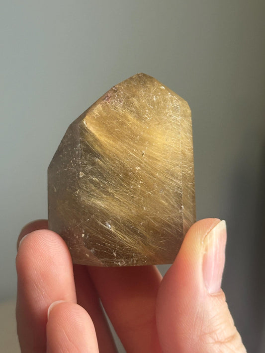 Rutile in Quartz Tower | Natural Clear Quartz Crystal with Rutile Needle Inclusions | Polished Standing Mineral Specimen Collectors Display