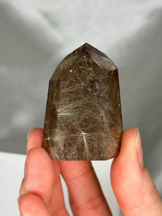 Rutile in Quartz Tower | Natural Clear Quartz Crystal with Rutile Needle Inclusions | Polished Standing Mineral Specimen Collectors Display