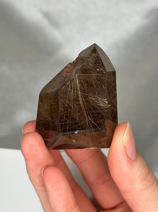 Rutile in Quartz Tower | Natural Clear Quartz Crystal with Rutile Needle Inclusions | Polished Standing Mineral Specimen Collectors Display