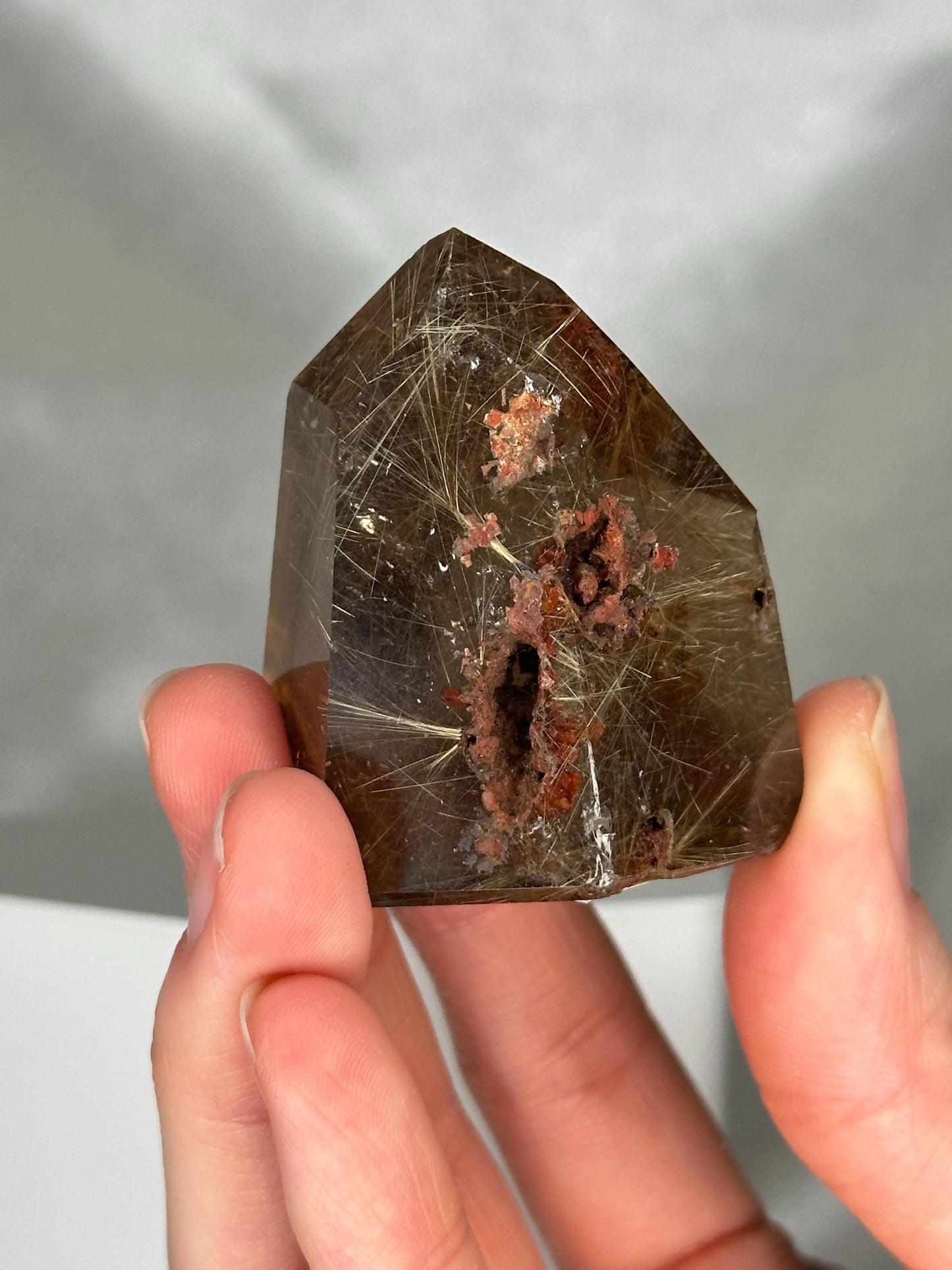 Rutile in Quartz Tower | Natural Clear Quartz Crystal with Rutile Needle Inclusions | Polished Standing Mineral Specimen Collectors Display
