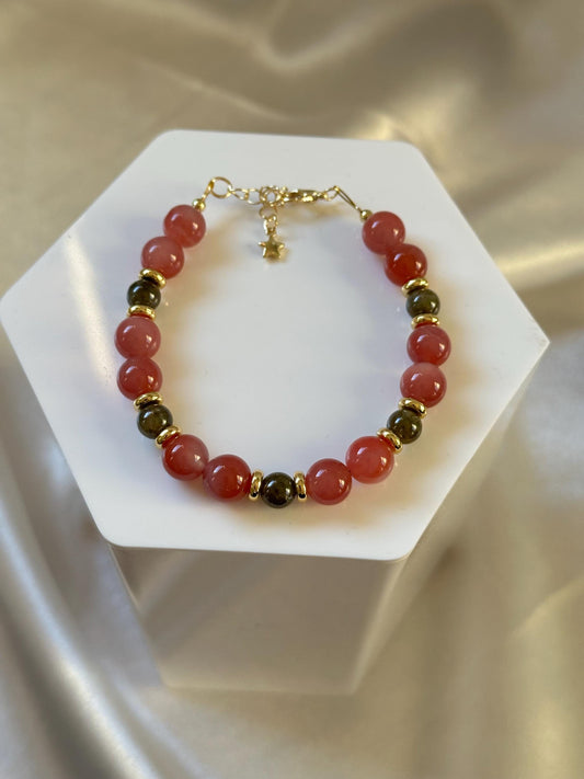 Red Agate & Green Garnet Bracelet | 14k Gold Plated Spacer Beads | Natural Gemstone Beaded Jewelry | Handmade Colorful Stone Design