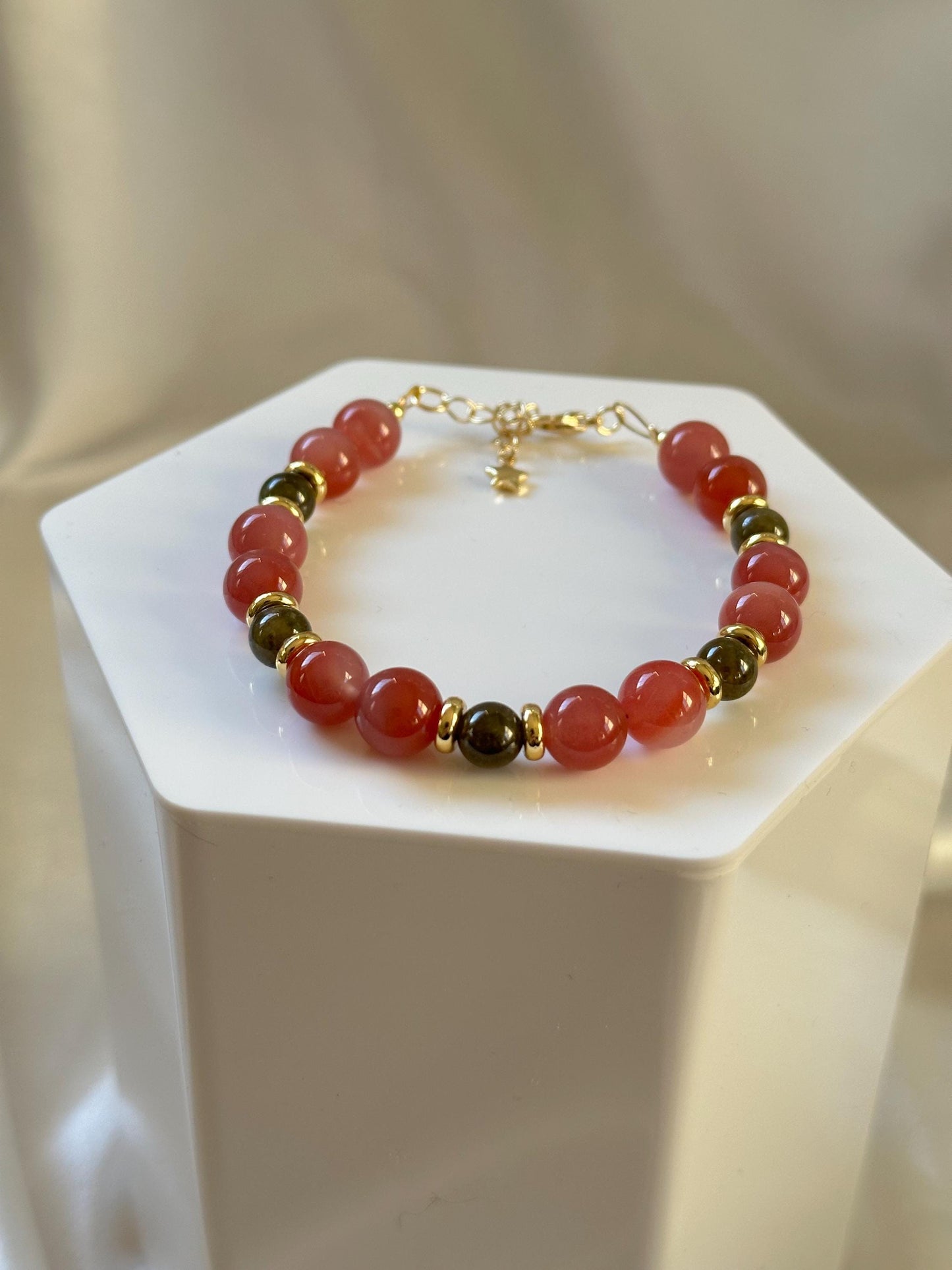 Red Agate & Green Garnet Bracelet | 14k Gold Plated Spacer Beads | Natural Gemstone Beaded Jewelry | Handmade Colorful Stone Design