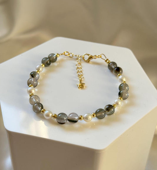Green Tourmalated Quartz & Freshwater Pearl Bracelet | 14k Gold Plated Spacer Beads | Natural Inclusion Gemstone Jewelry | Handmade Design