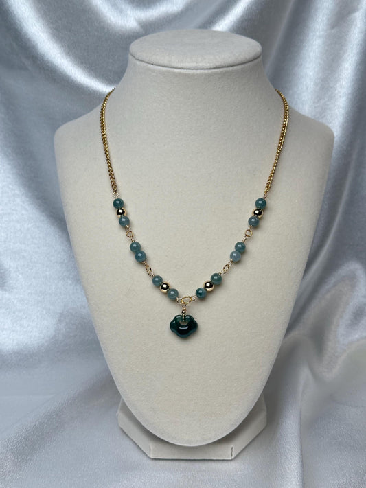 Blue Water Jade Ruyi Pendant Necklace | Blue Water Jade Beads | 14k Gold Plated Spacer Beads | Handmade Gemstone Necklace Jewelry