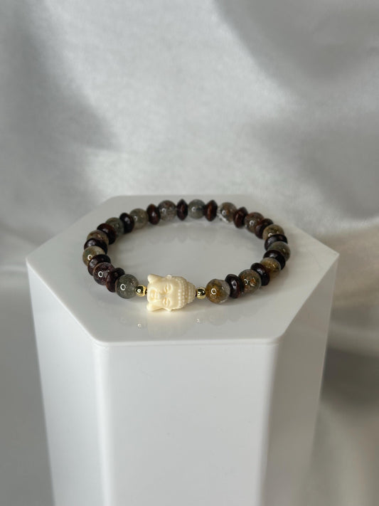 Buddha Bracelet with Buddha Focal Bead | Garden Quartz & Wood Beads | 14k Gold Plated Spacer Beads | Handmade Beaded Jewelry