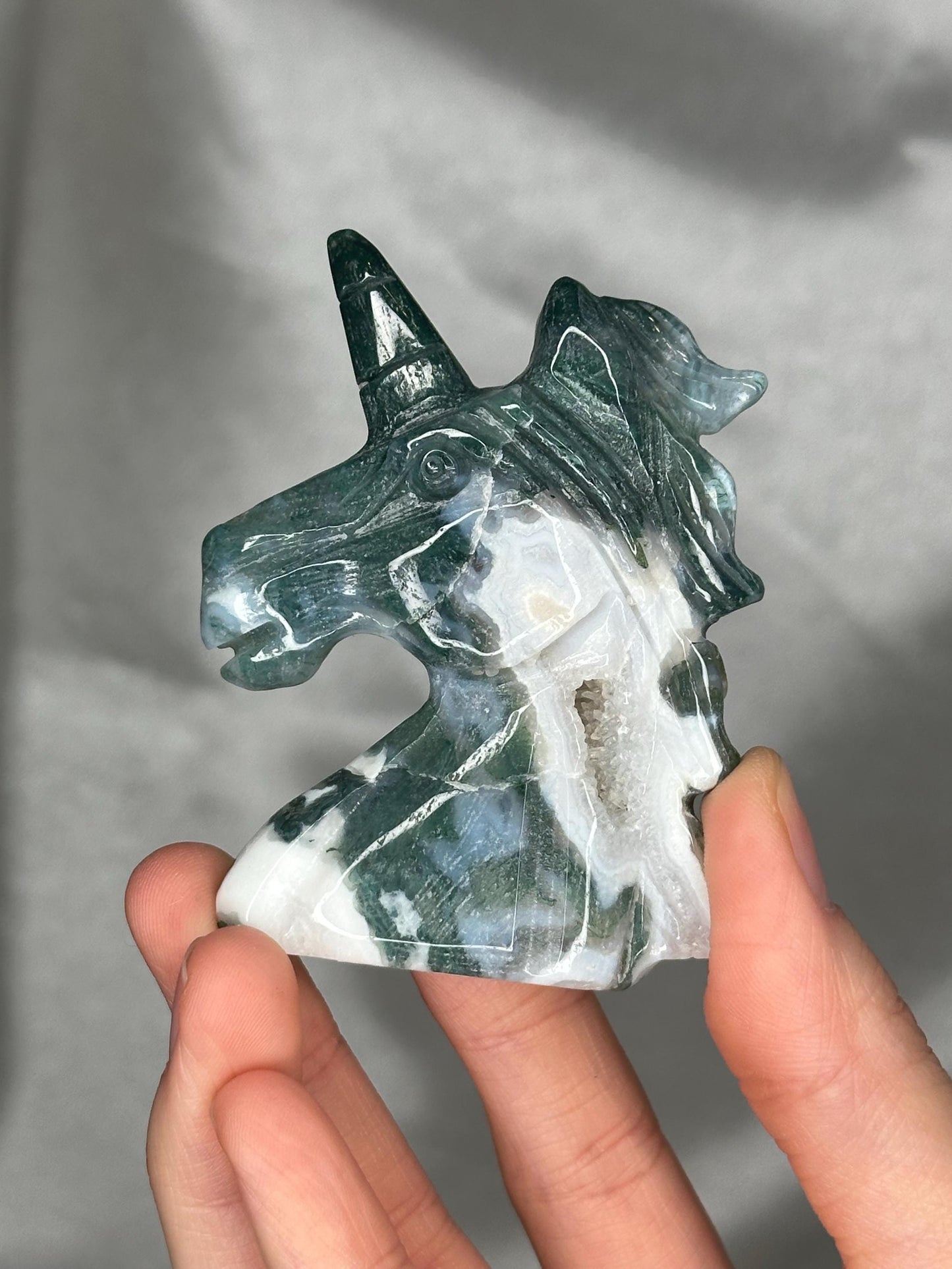 Moss Agate Unicorn Carving | Natural Green Moss Agate Stone Sculpture | Polished Unicorn Crystal Figurine for Collectors & Display