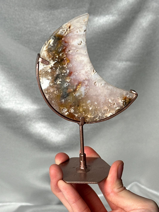 Pink Plume Agate Moon | Natural Pink Plume Agate Crystal with Feather Inclusions | Polished Mineral Specimen for Collectors & Display