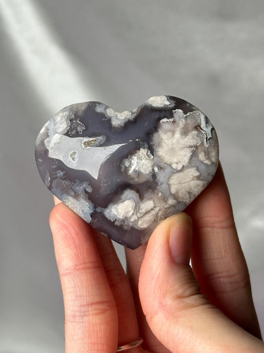 Black Flower Agate Set | Heart Carving & Palmstone | Natural Dark Agate Stones | Polished Mineral Pair for Collectors and Display