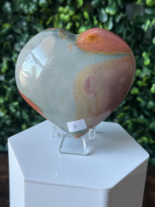 Polychrome Jasper Heart Carving | Multicolor Stone Sculpture | Smooth Mineral Display Piece | Decorative Collectible Crystal Accent