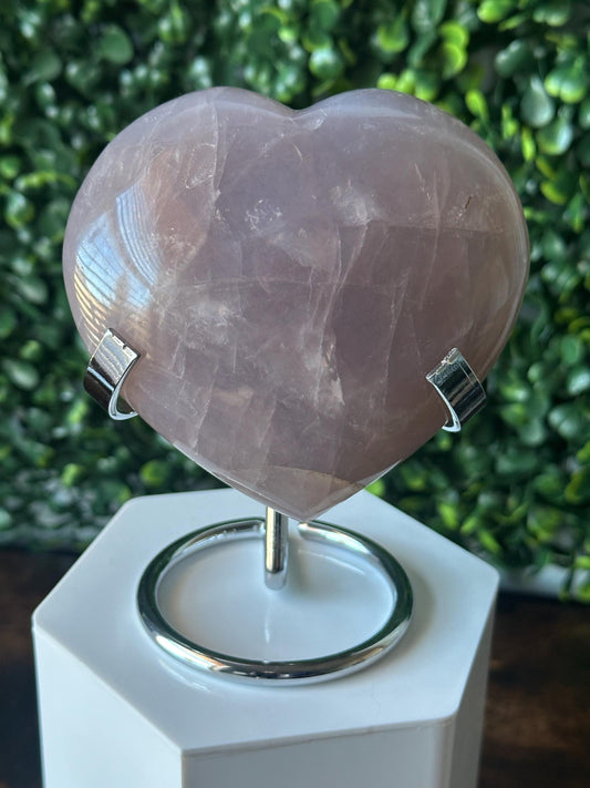 Blue Rose Quartz Heart with Metal Stand | Natural Quartz Crystal Heart Display | Polished Stone Decor Piece for Collectors & Home Shelves