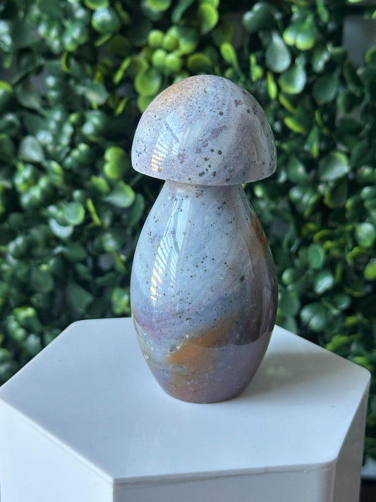Sea Jasper Mushroom Carving | Natural Ocean Jasper Stone Sculpture | Polished Crystal Mushroom Mineral Specimen for Collectors Display Decor