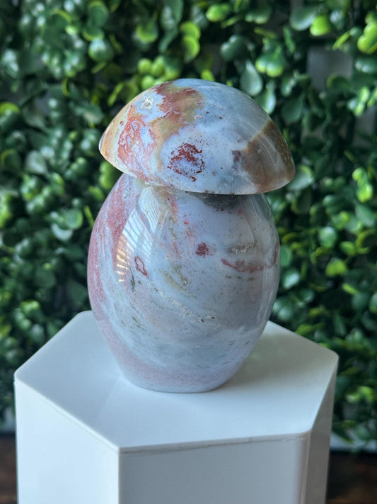 Sea Jasper Mushroom Carving | Natural Ocean Jasper Stone Sculpture | Polished Crystal Mushroom Mineral Specimen for Collectors Display Decor