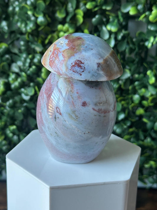 Sea Jasper Mushroom Carving | Natural Ocean Jasper Stone Sculpture | Polished Crystal Mushroom Mineral Specimen for Collectors Display Decor