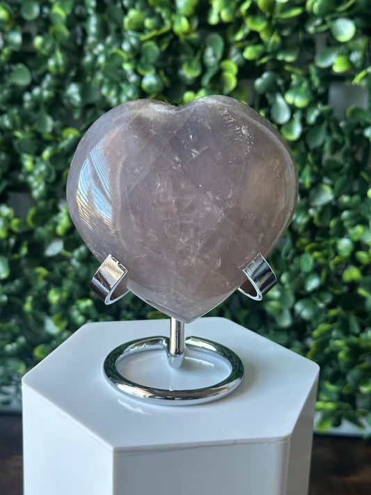 Blue Rose Quartz Heart with Metal Stand | Natural Quartz Crystal Heart Display | Polished Stone Decor Piece for Collectors & Home Shelves