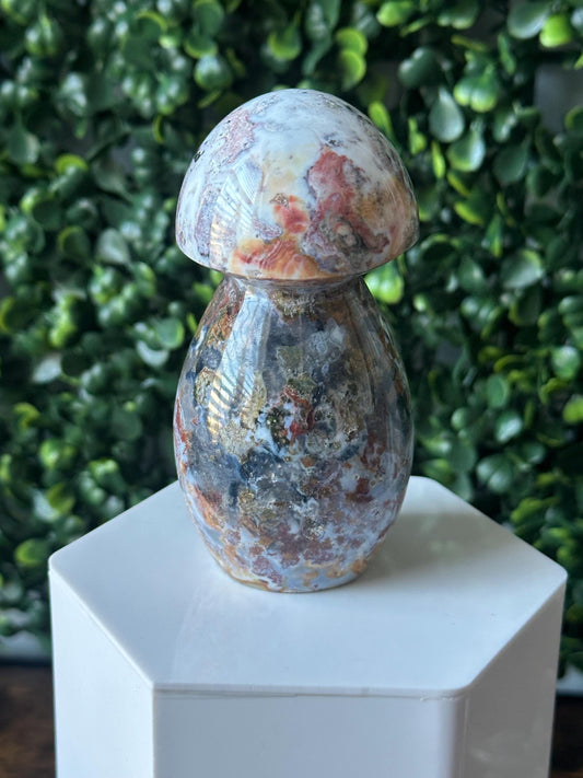 Sea Jasper Mushroom Carving | Natural Ocean Jasper Stone Sculpture | Polished Crystal Mushroom Mineral Specimen for Collectors Display Decor