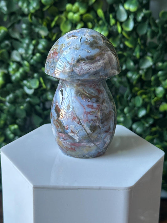 Sea Jasper Mushroom Carving | Natural Ocean Jasper Stone Sculpture | Polished Crystal Mushroom Mineral Specimen for Collectors Display Decor