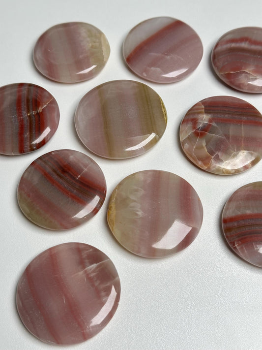 Pink Banded Calcite Palmstone | Natural Pink Calcite Hand Stone | Polished Mineral Specimen for Collectors Display Decor Accent