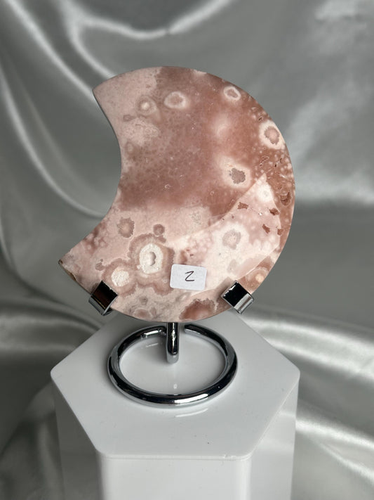 Pink Amethyst Flower Agate Moon | Natural Quartz Agate Crystal Moon Carving | Polished Mineral Specimen for Collectors Display Decor Accent