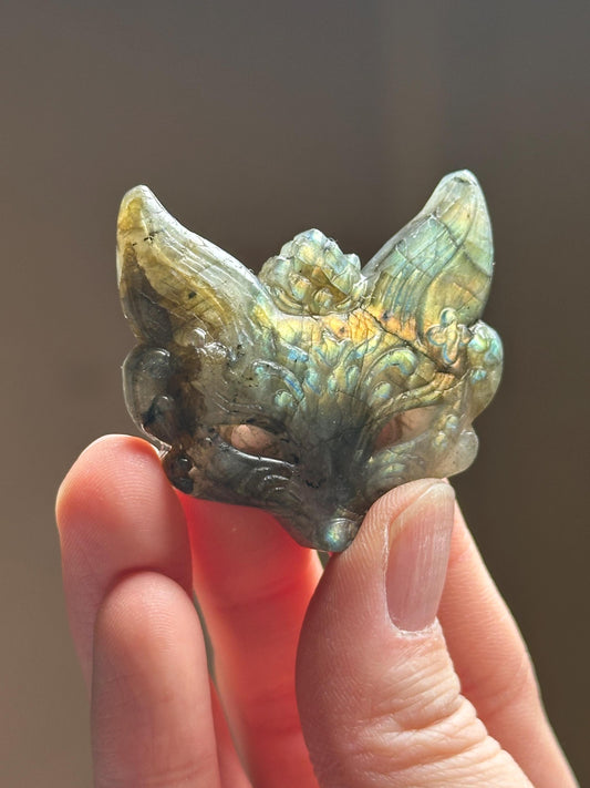 Mini Labradorite Kitsune Mask Carving - YOU PICK! | Natural Labradorite Fox Spirit Sculpture | Polished Stone Fantasy Figurine Display Decor