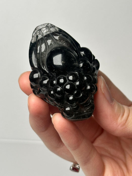 Black Rutile Money Frog Carving | Quartz with Dark Rutile Inclusions | Three Legged Toad Figurine for Collectors Display Decor