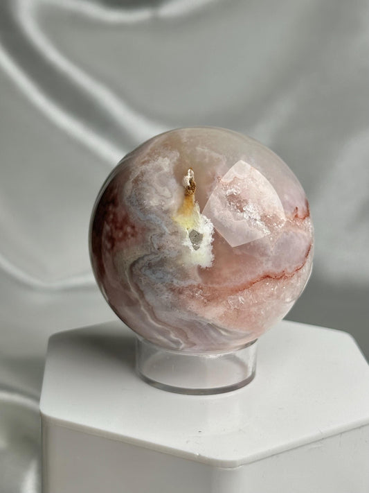 Flower Agate Sphere | Natural Pink Flower Agate Crystal Ball | Polished Mineral Specimen for Collectors Display Decor Accent