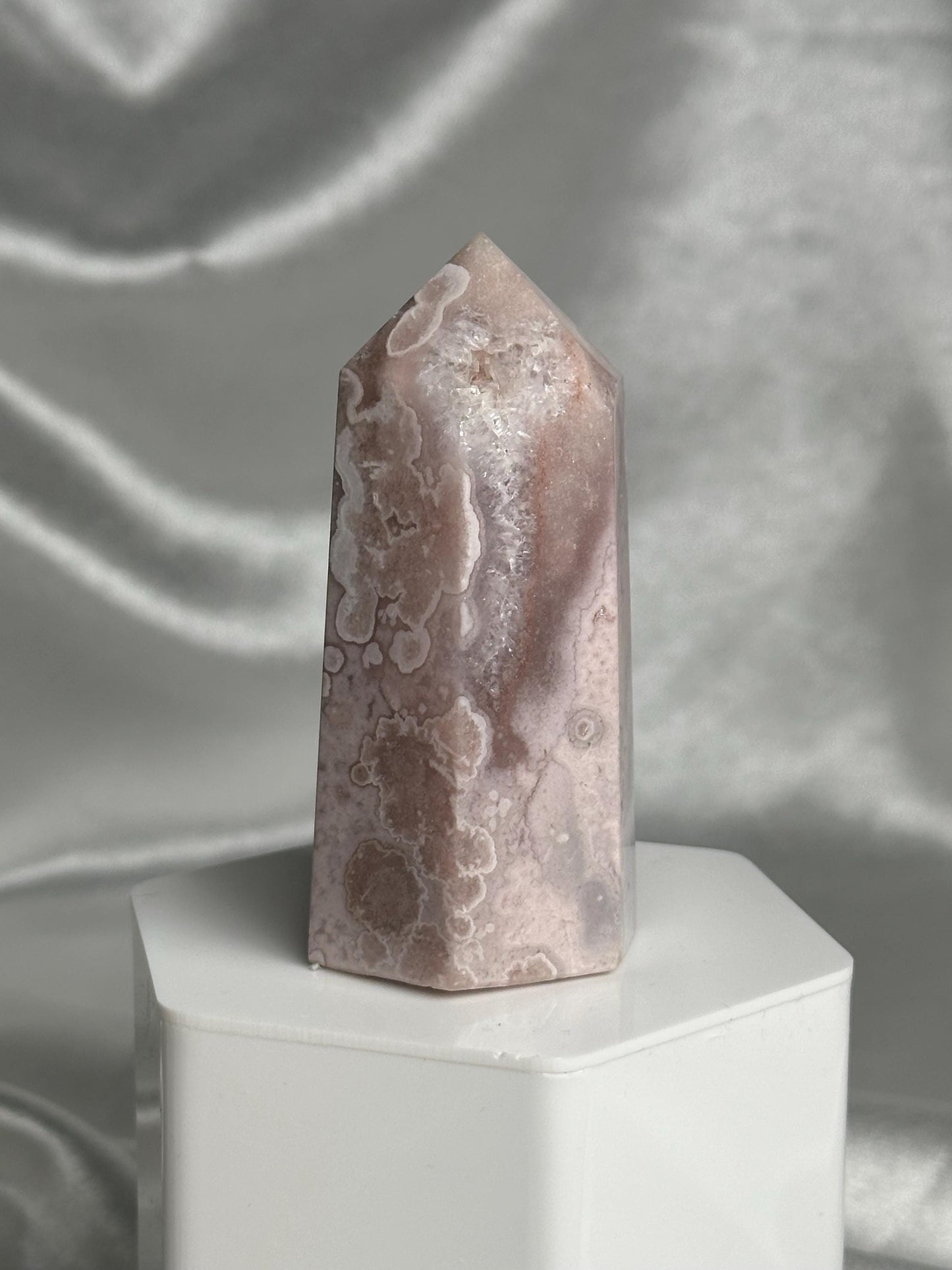 Flower Agate Tower | Natural Pink Flower Agate Crystal Point | Polished Mineral Specimen for Collectors Display Decor Accent