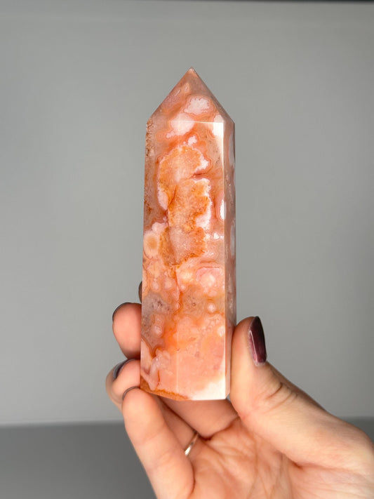Pink Carnelian Flower Agate Tower | Natural Banded Agate Crystal Point | Polished Mineral Specimen for Collectors Display Decor Accent