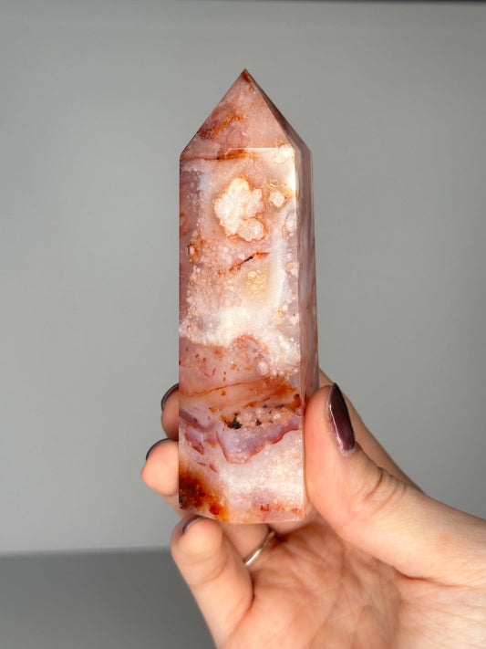Pink Carnelian Flower Agate Tower | Natural Banded Agate Crystal Point | Polished Mineral Specimen for Collectors Display Decor Accent