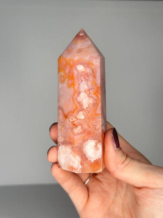 Pink Carnelian Flower Agate Tower | Natural Banded Agate Crystal Point | Polished Mineral Specimen for Collectors Display Decor Accent