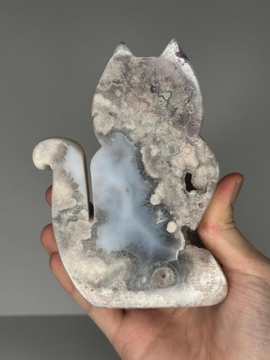 Blue Pink Amethyst Druzy Cat Silhouette Carving | Natural Crystal Cat Sculpture | Decorative Mineral Display Piece for Home Decor Accent