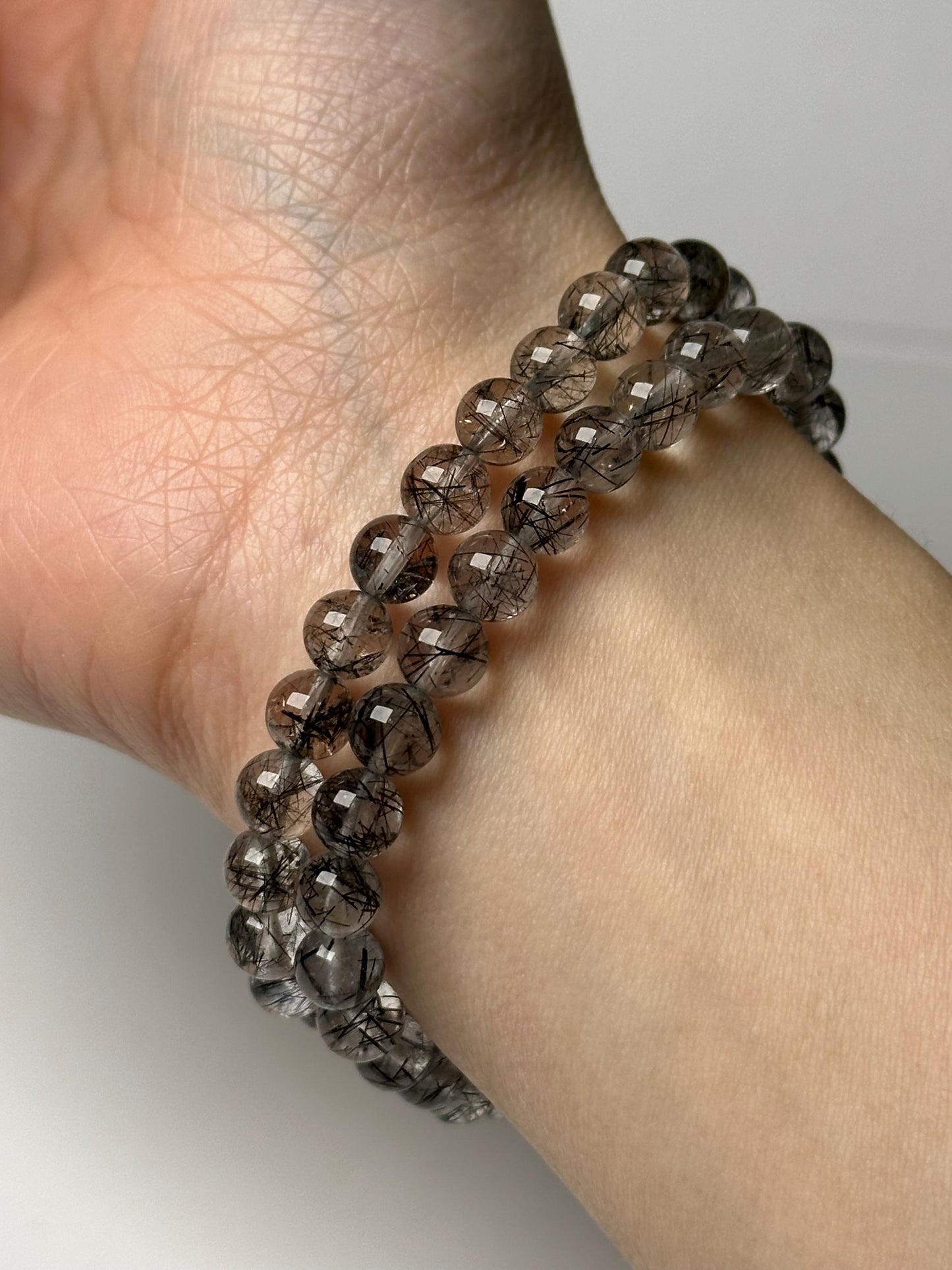 Black Tourmaline in Quartz Bead Bracelet 6.5mm | Natural Tourmalinated Quartz Jewelry | Protection Grounding Crystal Bracelet Gift