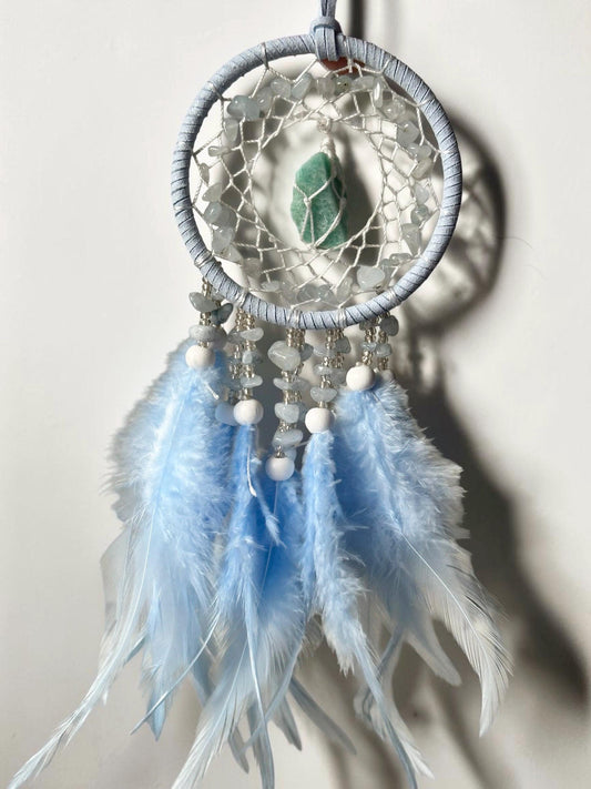 Amazonite Dream Catcher Wall Hanging | Natural Amazonite Crystal Decor | Boho Home Decor, Spiritual Gift, Bedroom & Nursery Decor