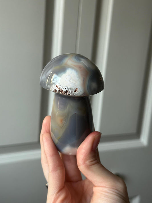 Orca Banded Agate Mushroom | Natural Banded Agate Crystal Carving | Polished Mineral Specimen for Collectors Display Decor Accent