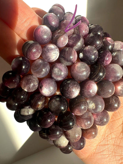 Stabilized Gem Lepidolite Bracelet –Natural Purple Gemstone Jewelry, Polished Crystal Beads, Stress Relief & Calming Stone, Gift