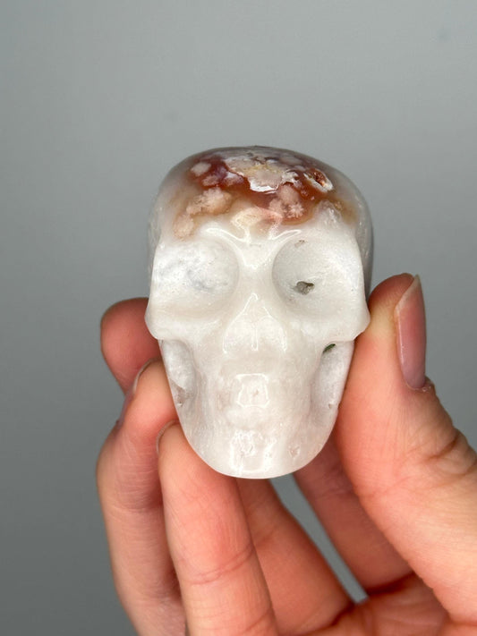 Small Flower Agate Skull | Carved Crystal Figurine | Natural Gemstone with Floral Patterns | Unique Decor & Display Piece
