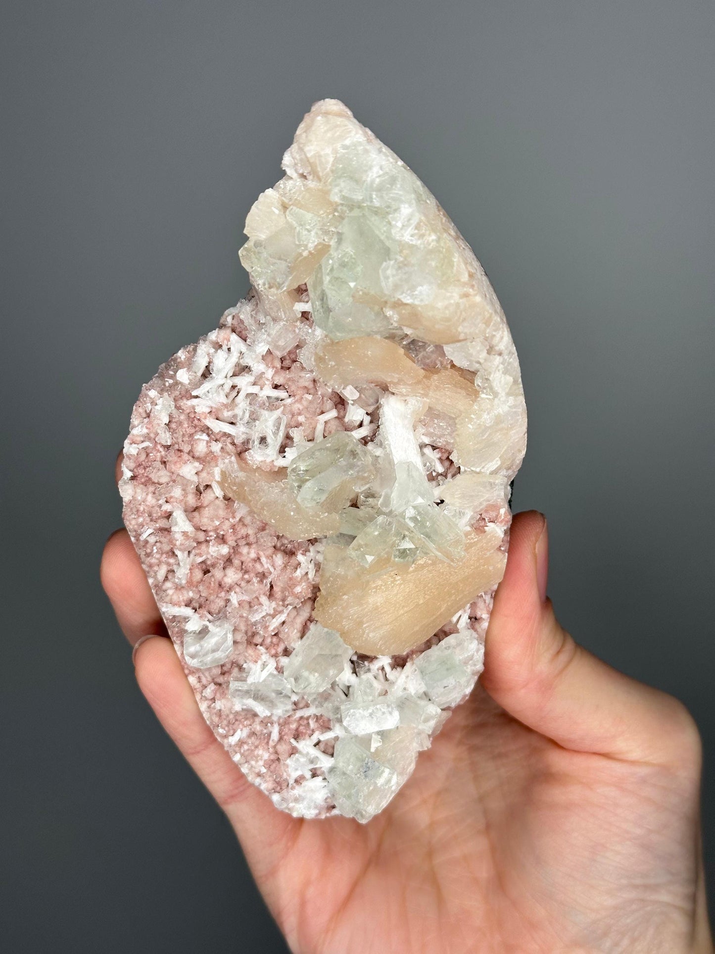 Green Apophyllite on Crystallized Heulandite with Peach Stilbite | Natural Zeolite Cluster | Unique Mineral Specimen | Crystal Display Piece