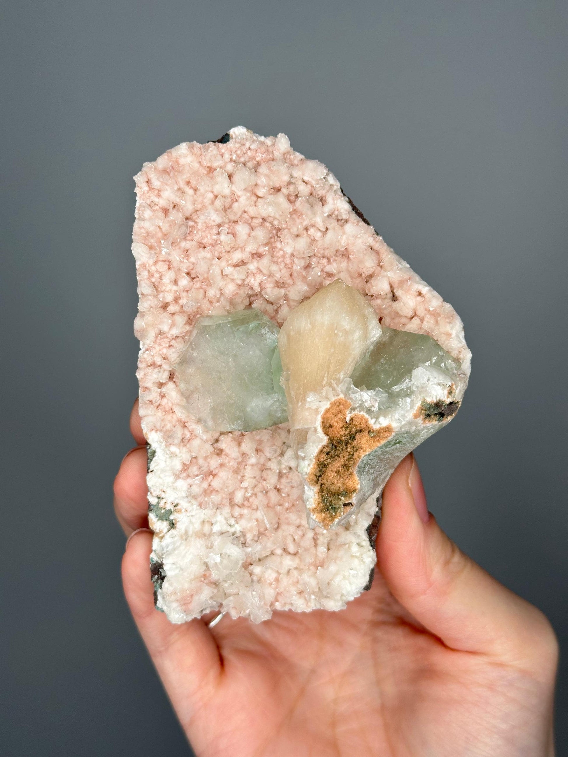 Green Apophyllite on Crystallized Heulandite with Peach Stilbite | Natural Mineral Formation | Unique Crystal Display Piece