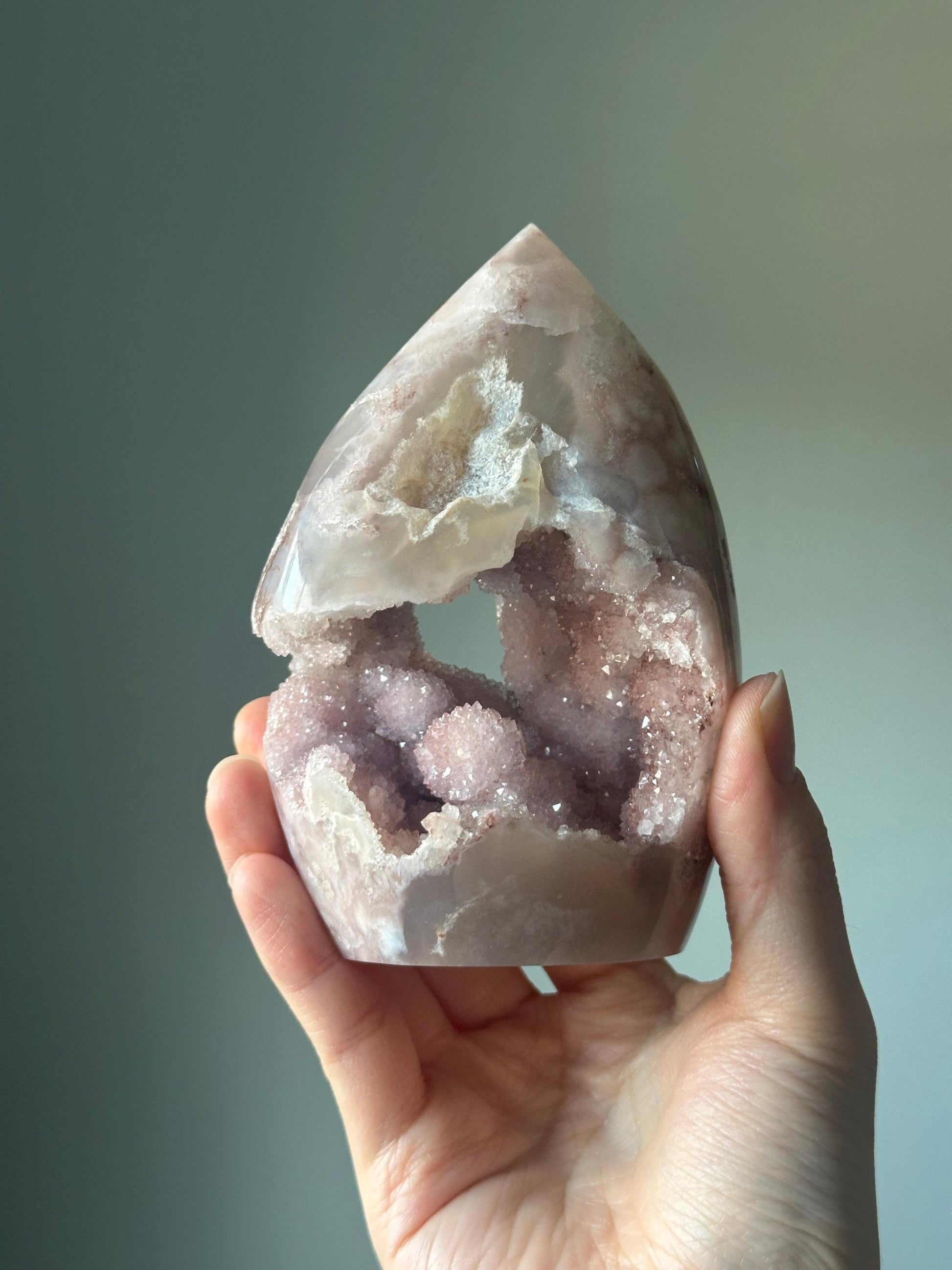 Druzy Pink Amethyst Flower Agate Flame | Natural Crystal Carving | Sparkling Druzy Amethyst with Floral Patterns | Unique Gemstone for Decor