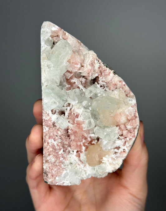 Green Apophyllite on Crystallized Heulandite with Peach Stilbite | Natural Zeolite Cluster | Unique Mineral Specimen | Crystal Display Piece