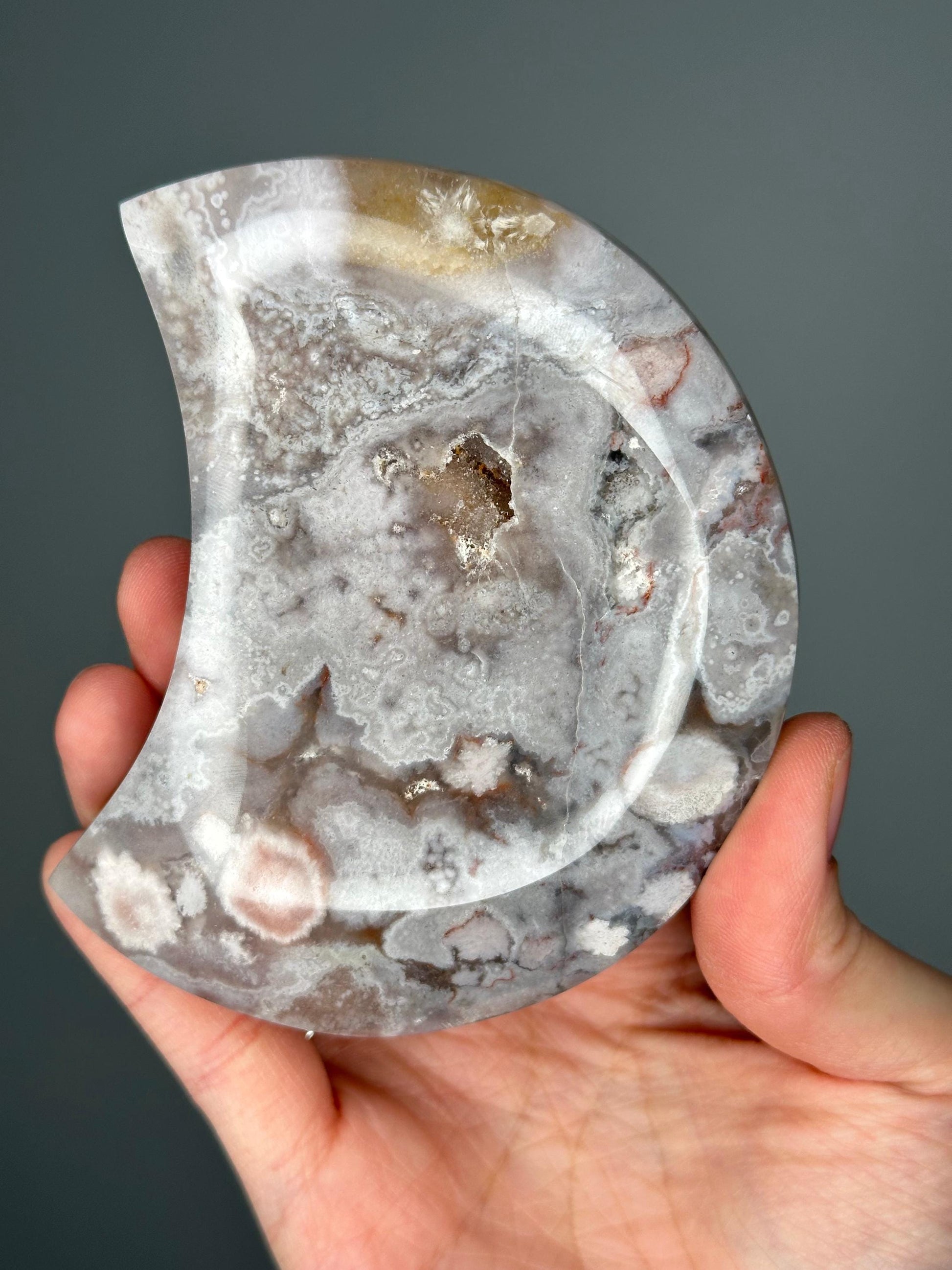 Moody Flower Agate Moon | Polished Crystal Crescent | Natural Gemstone with Soft Patterns | Unique Decor & Display Piece